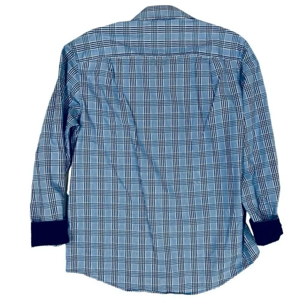 Tasso Elba Blue Plaid Buttons Down Long Sleeve Flip Cuff Sz M (15-151/2) Shirt